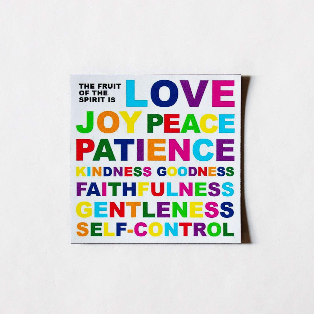 Rainbow colored 2 by 2 inch Fruit of the Spirit bible verse refrigerator magnet  says "the fruit of the spirit is love, joy, peace, patience, kindness, goodness, faithfulness, gentleness, self-control" in a rainbow of colors
